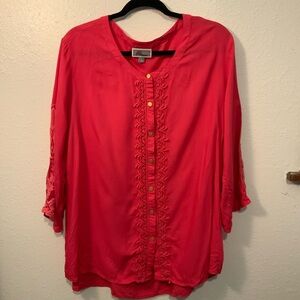 JM Collection Red Mandarin Collar Ruffled Blouse